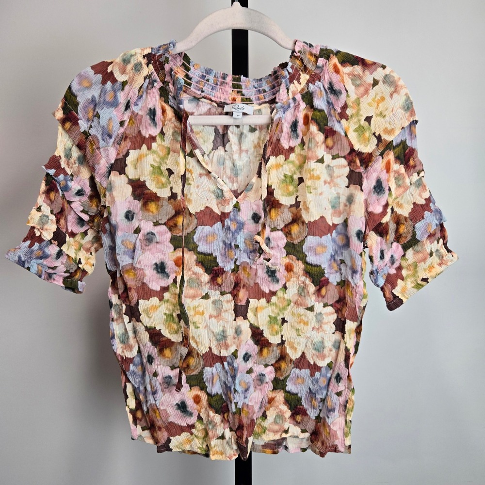 Rails Women Multi Color Floral Plisse Smocked Tie Neck Ruffle Sleeve Blouse S